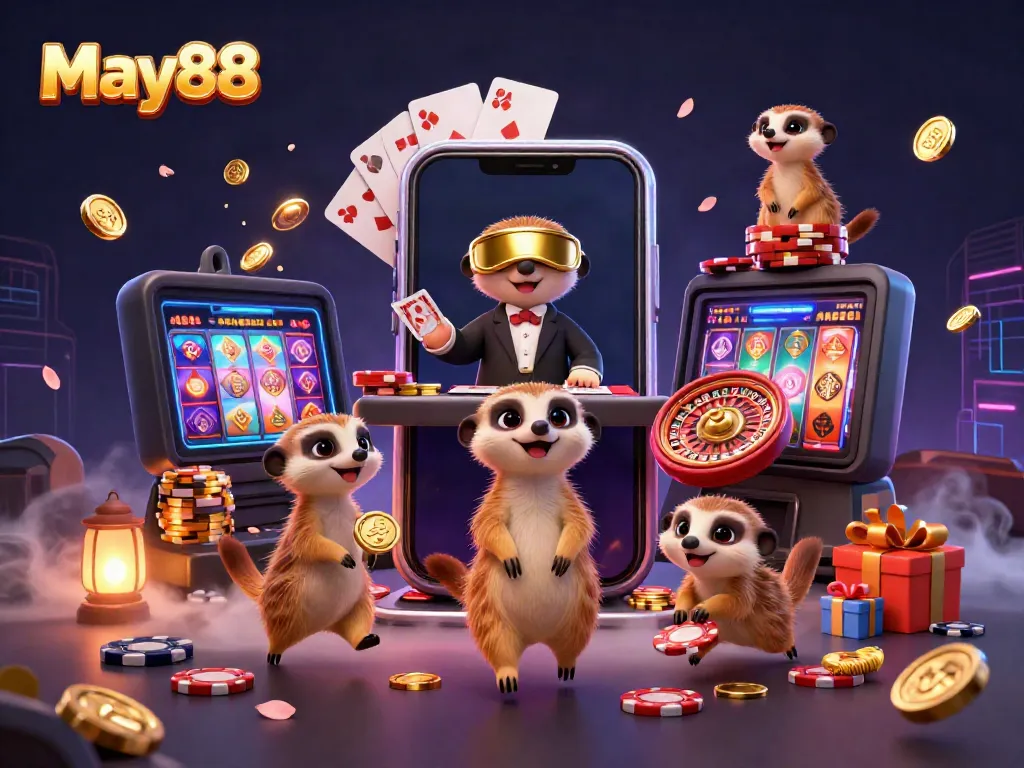 May88 meerkats dominate a vibrant casino scene, showcasing thrilling gaming elements and excitement.