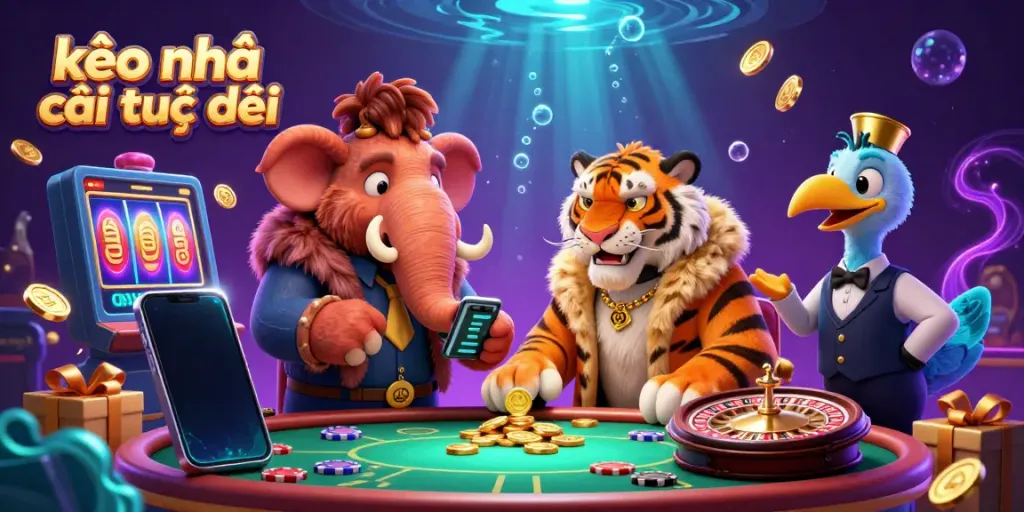 Experience the vibrant world of kèo nhà cái trực tiếp with colorful casino characters and dynamic game elements.