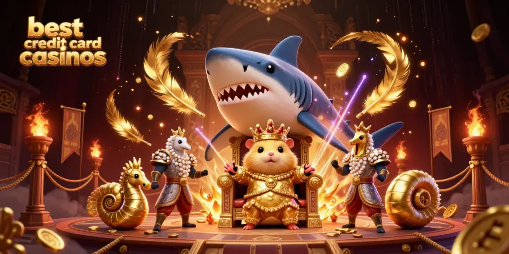 Engage with the best credit card casinos featuring a golden hamster king amidst vibrant gaming elements.