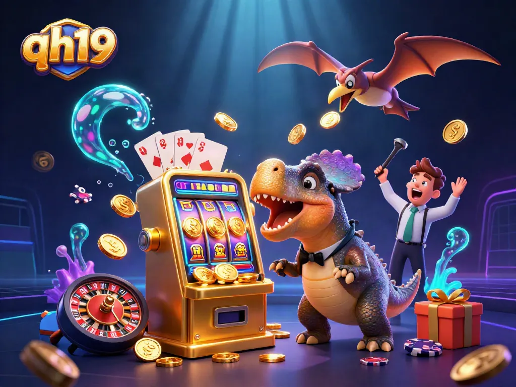 Experience excitement with qh19 as a dinosaur wins coins from a slot machine in a lively casino!