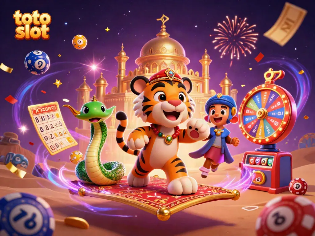 Experience the thrill of playing toto slot with a vibrant illustration of a tiger sultan in a casino-inspired scene.
