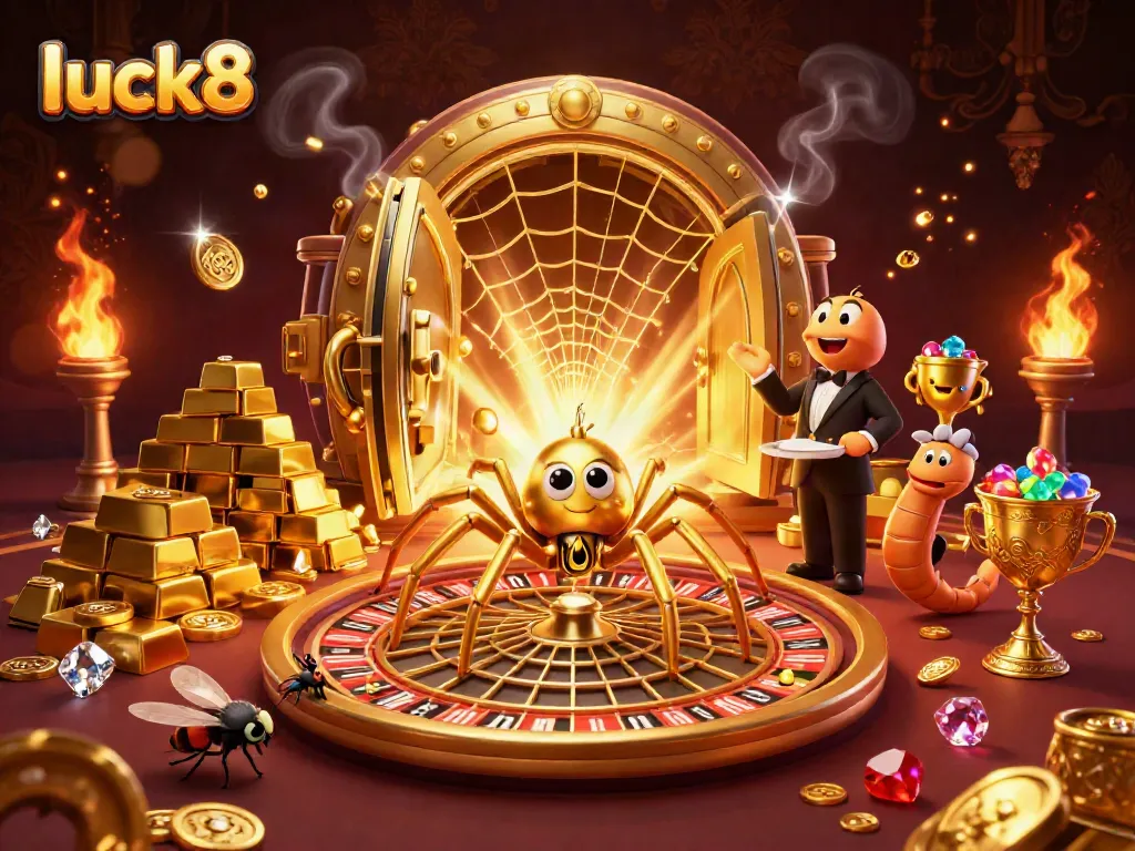 Engage with luck8 at this vibrant casino illustration, showcasing a spider spinning bets and treasures!