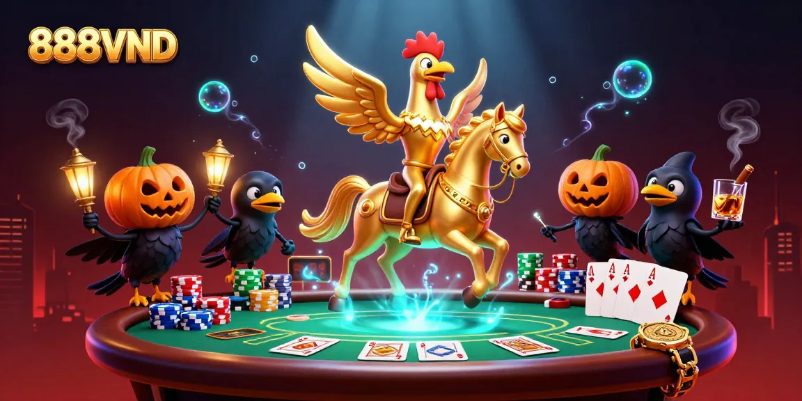 Engage with thrilling gambling adventures at 888VND presented through a vibrant casino scene with a golden rooster character.