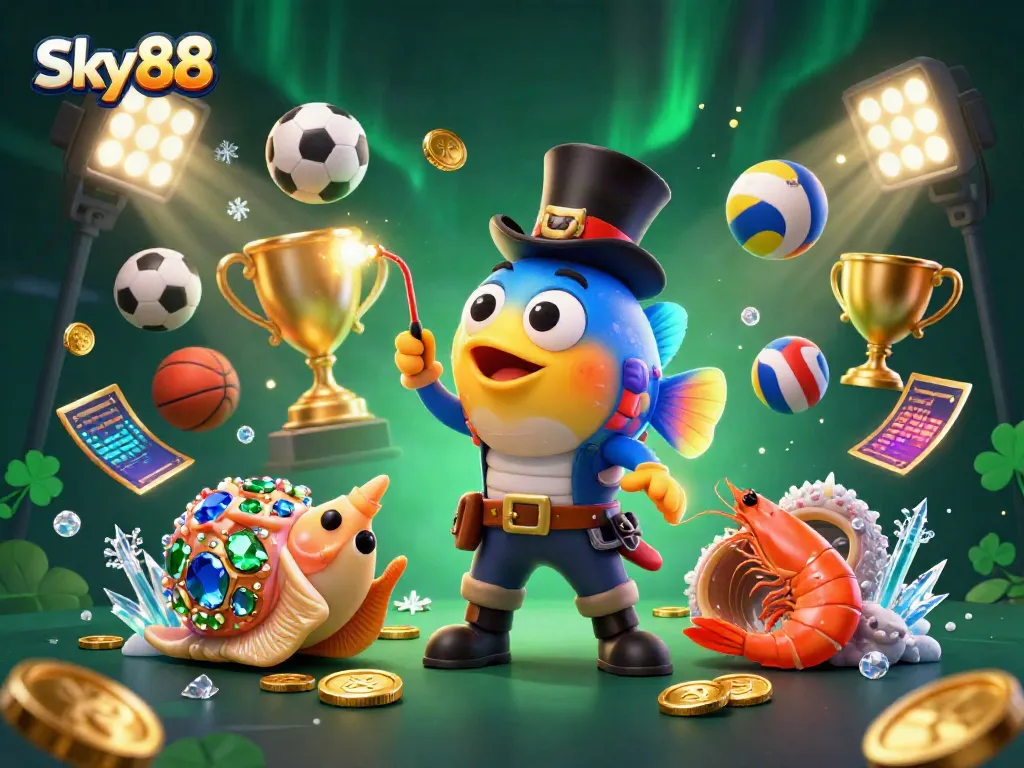Sky88's immersive gaming scene featuring a cartoon anglerfish attracting coins while sports balls dynamically float around.