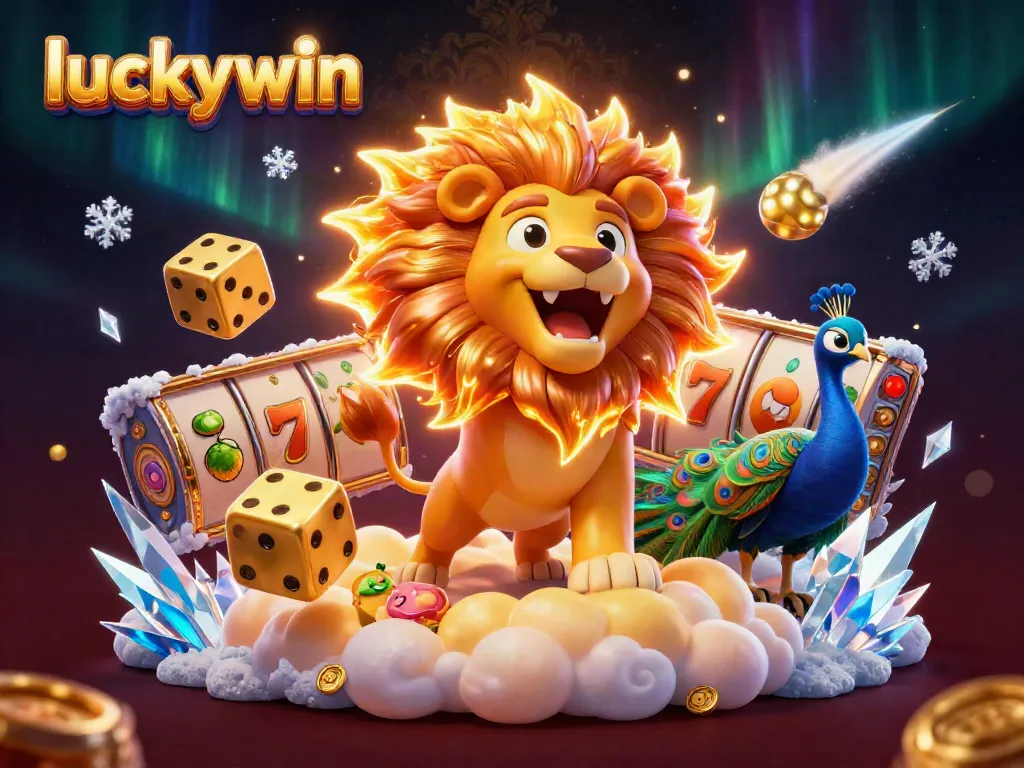 Experience the thrill of luckywin with vibrant slot reels, golden dice, and a cartoon lion in a dynamic casino scene.