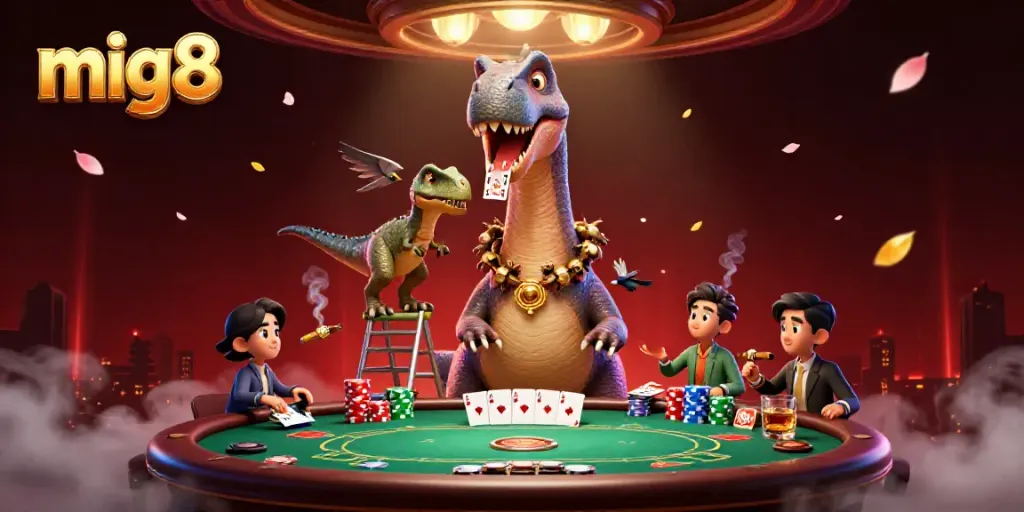 Experience the thrill at mig8 casino with a playful dinosaur and a raptor dealer in a vibrant scene.