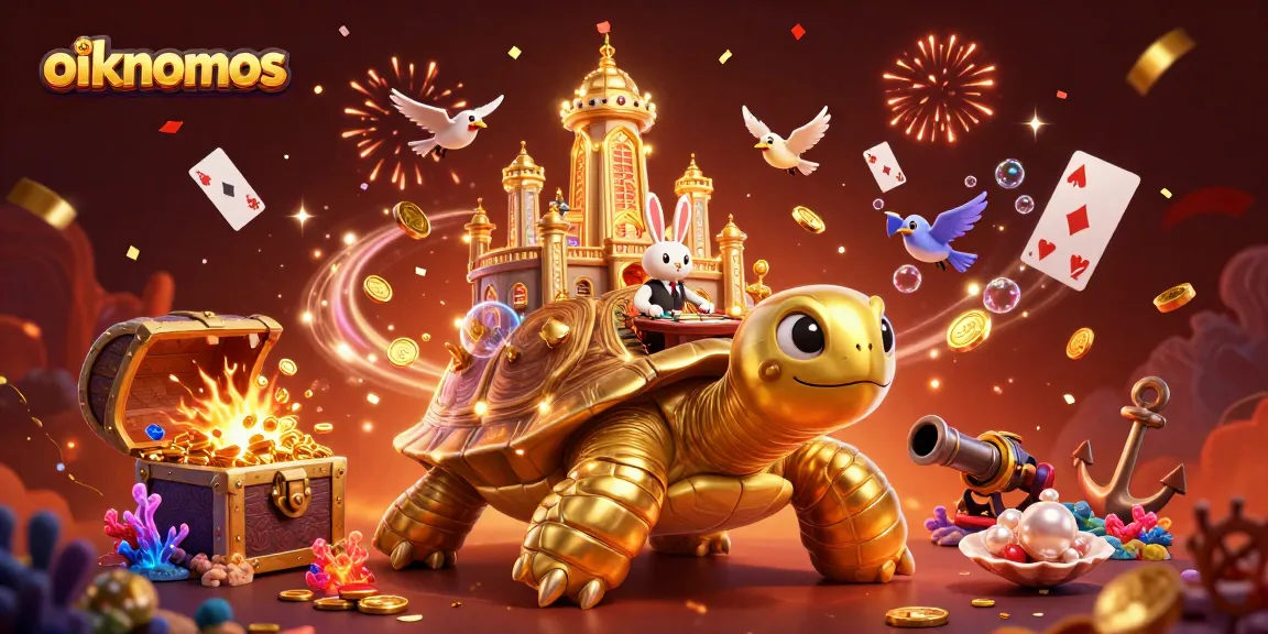 Experience oikonomos in a vibrant casino scene with a tortoise palace, rabbit dealer, and golden coins.