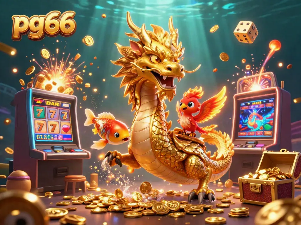 Win big with exciting pg66 slots and casino games illustrated by a golden dragon, koi fish, and phoenix.