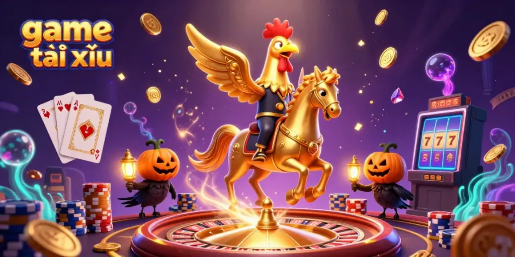 Experience the thrilling game tài xỉu in a vibrant casino scene filled with gold coins and dynamic characters.