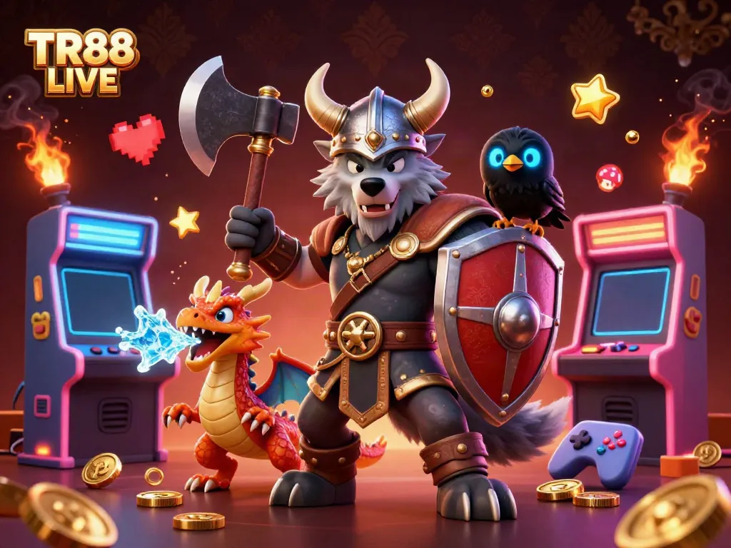 Experience thrilling action at TR88 LIVE with a Viking warrior and fierce dragon in this vibrant casino scene.