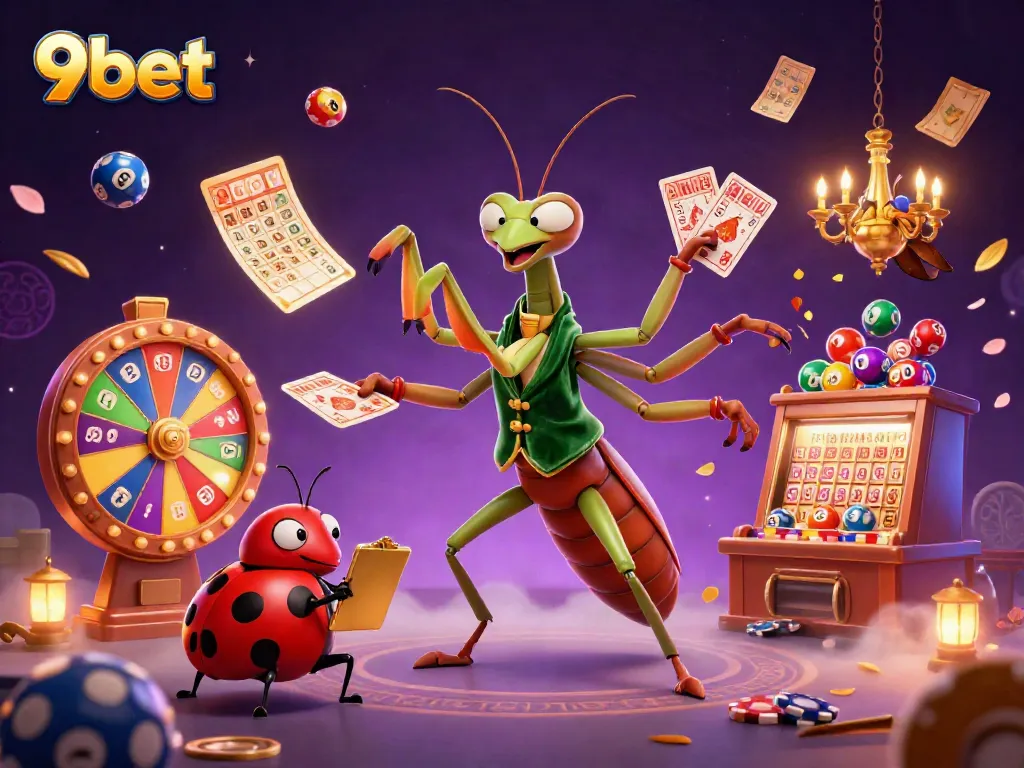 Witness the vivid energy of 9bet with colorful lottery balls, a card sharp, and a pit boss in a dynamic casino scene.