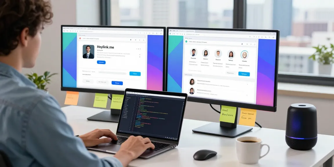 Membangun GEGESLOT untuk Heylink.me di ruang kerja modern dengan layar komputer dan suasana kreatif.