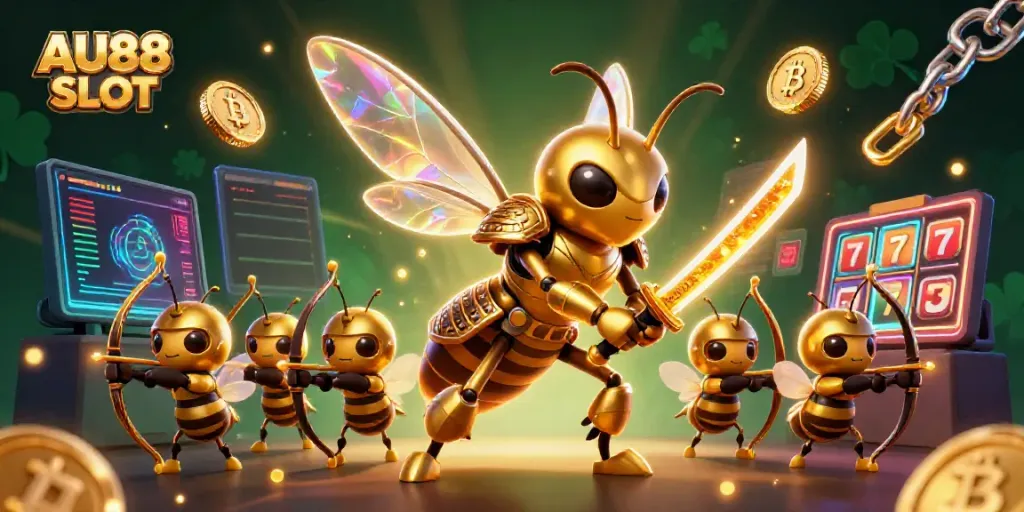 Engage with the excitement of AU88 SLOT featuring a dynamic 3D illustration of characters and casino elements.
