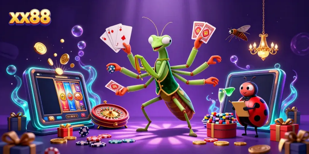Experience exciting moments at xx88 with a vibrant casino-themed illustration showcasing unique characters and games.