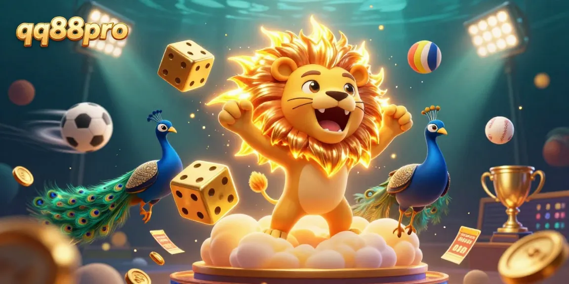 Engage with exciting games at qq88pro, featuring a lion champion amidst dynamic sports elements.