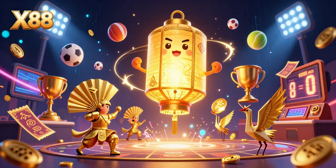X88 captures the excitement of betting with vibrant sports elements and glowing characters in a dynamic casino scene.
