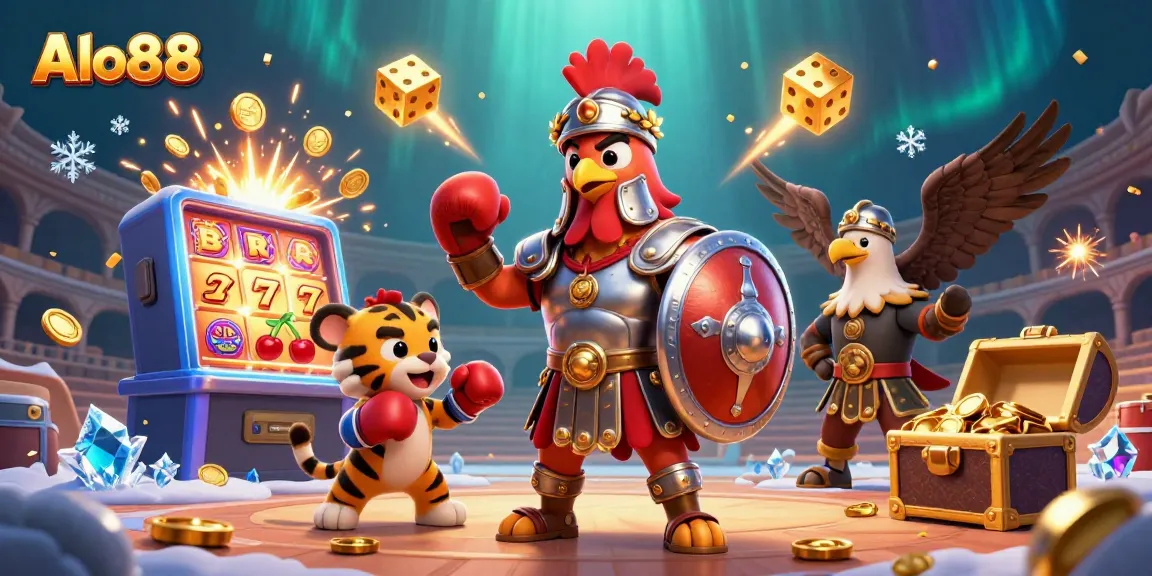 Alo88 showcases a lively casino scene with a gladiator rooster, tiger cub, and eagle amidst gambling excitement.