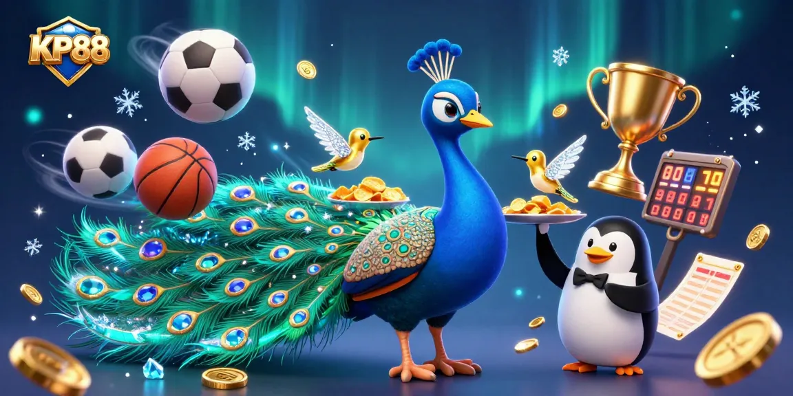 Engage with KP88's vibrant casino world featuring a peacock, penguin, and hummingbird amidst sports betting elements.