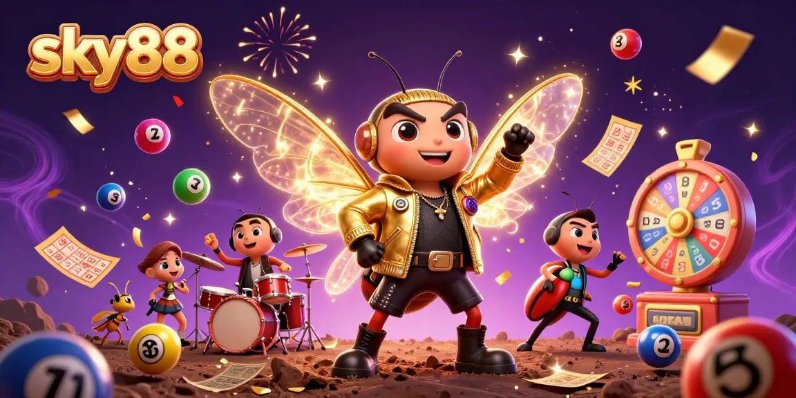 Engage with sky88's vibrant lottery scene featuring a rock star cicada, golden tickets, and magical energy.