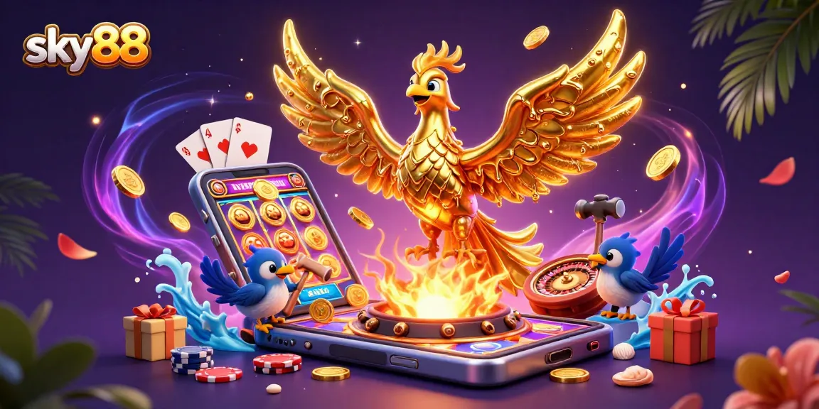 Experience sky88's thrilling slots with a molten gold phoenix emerging from a vibrant casino scene.