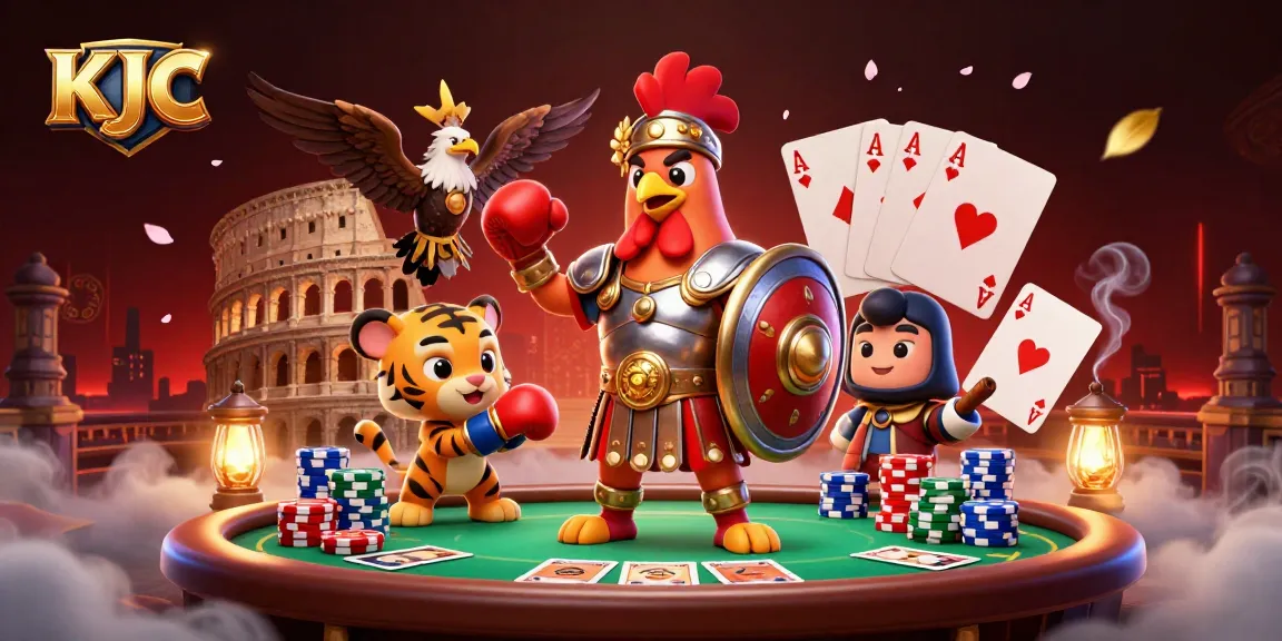 KJC offers thrilling poker action in a vibrant casino-inspired scene featuring a rooster warrior.