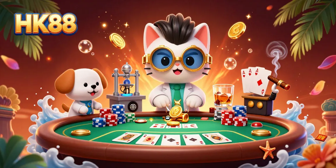 Experience thrilling poker action with HK88 in an animated lab scene showcasing vibrant casino elements.