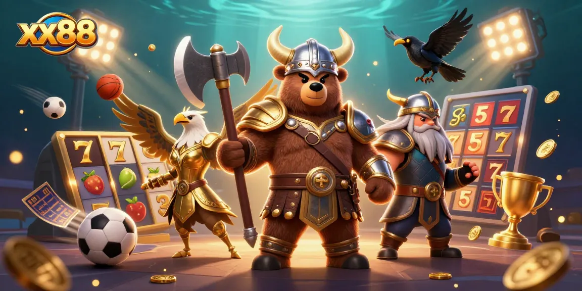 Experience thrilling slot play at xx88 with a Viking berserker and Valkyrie, amidst dynamic gaming elements.