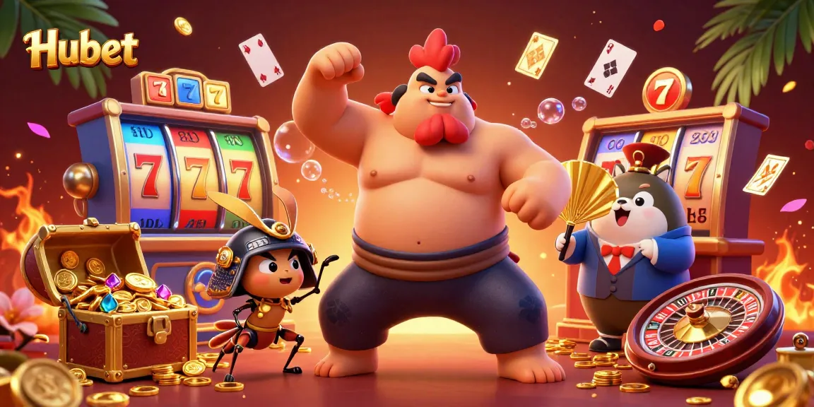 Experience thrilling gameplay with Hubet's dynamic casino environment featuring colorful slot machines, cards, and characters.