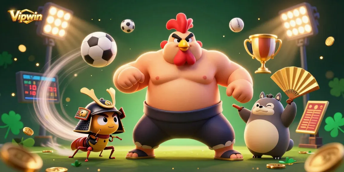 Bet on exciting outcomes at Vipwin's thrilling 3D casino scene, featuring a powerful sumo wrestler rooster and engaging elements.