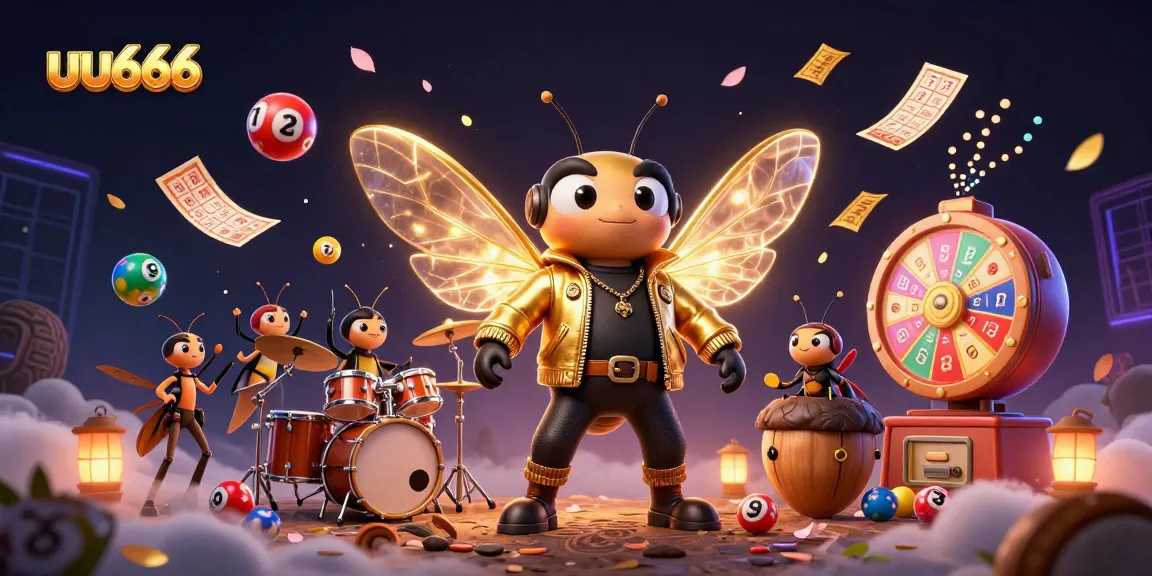 Experience the excitement of uu666 with a 3D rock star cicada and vibrant lottery elements.