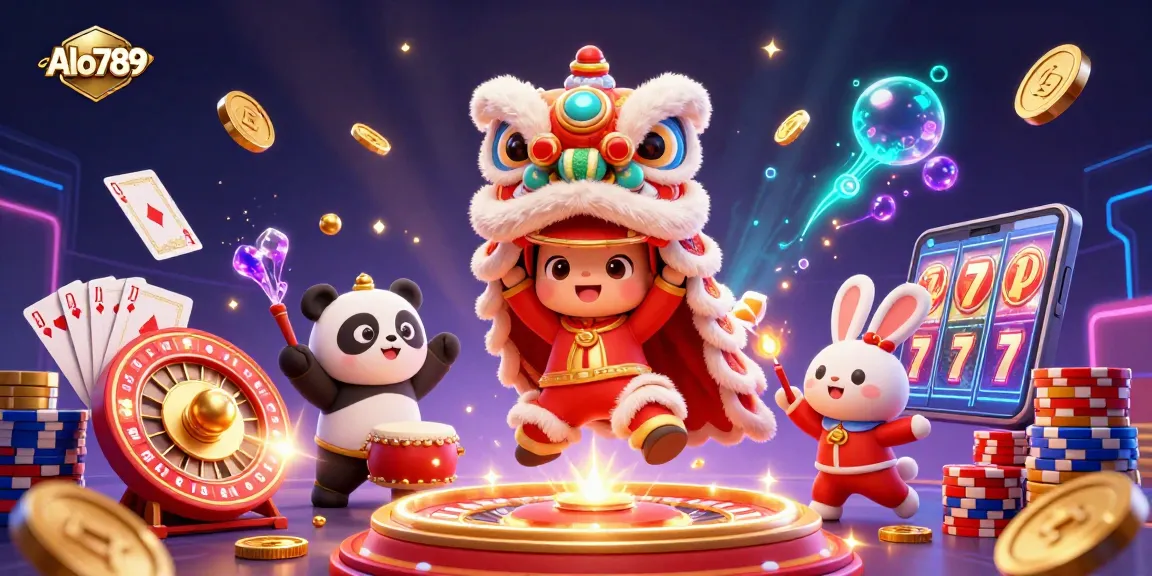 Alo789 showcases a vibrant online gaming scene with a lion dance, drumming panda, and gold coins flying around, ideal for immersive betting.