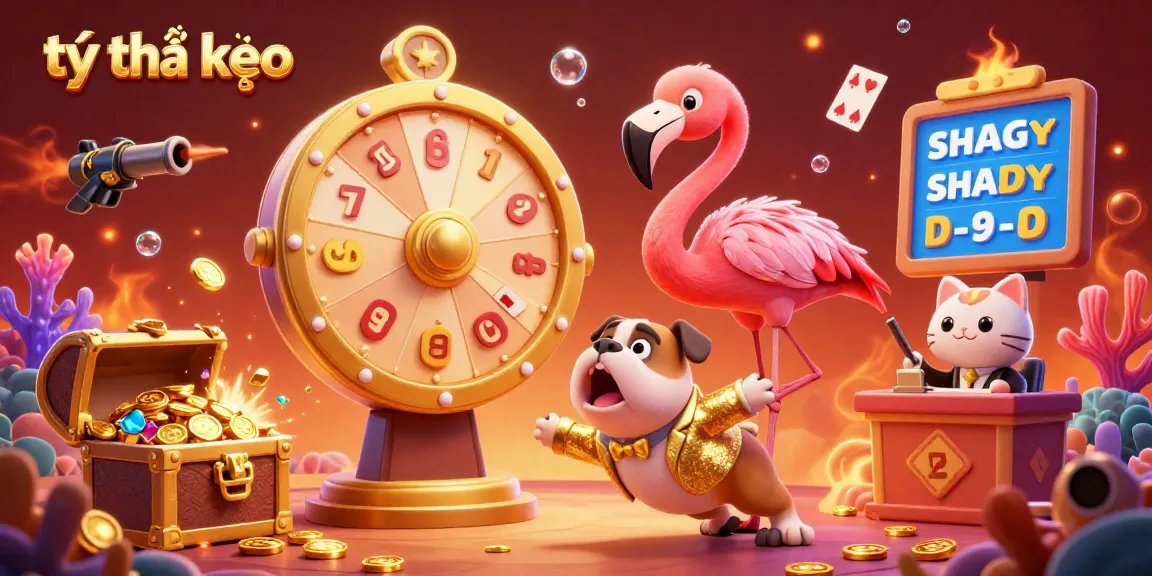Engage with the tỷ lệ kèo excitement in a vibrant, golden casino game scene featuring a flamingo host and a bulldog contestant.