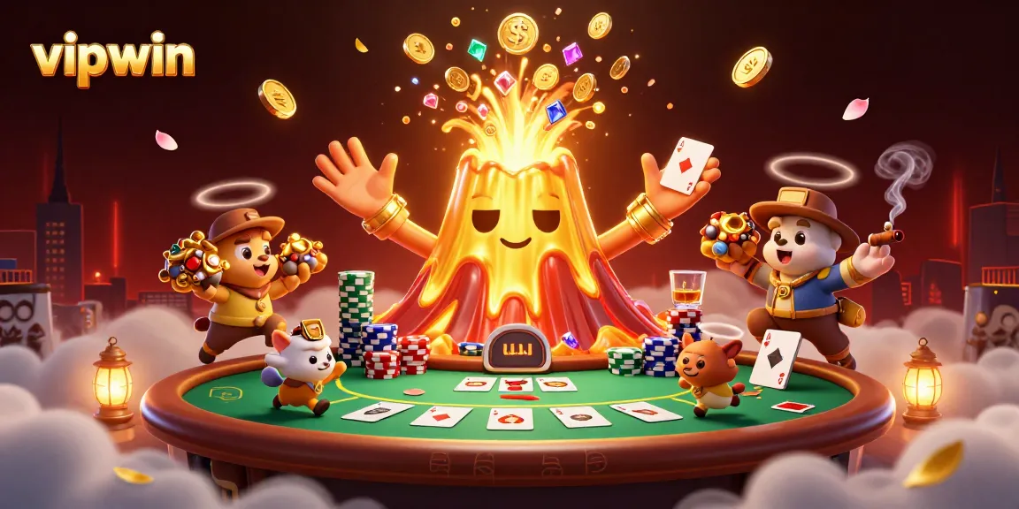 Experience the thrill of vipwin with a triumphant golden volcano erupting treasure amidst a vibrant poker table scene.