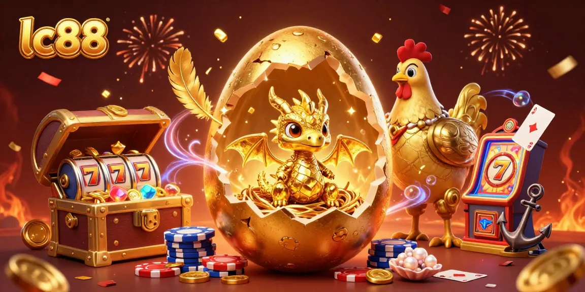 Engage with lc88 in a vibrant casino scene featuring a golden baby dragon and dynamic slot reels.