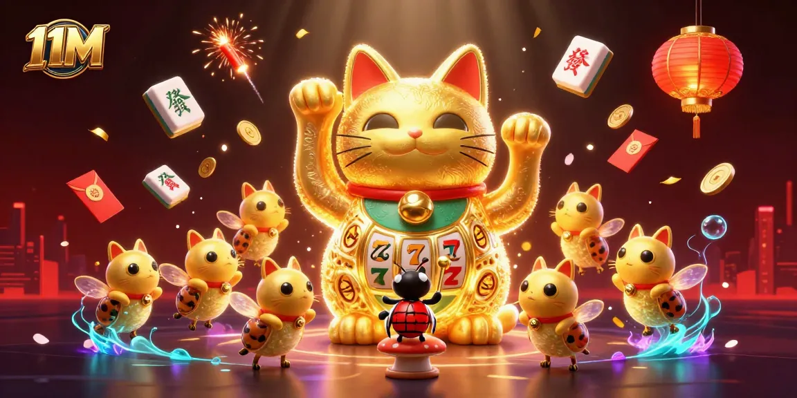 Experience 11M casino excitement with a lucky cat and vibrant gambling symbols in a dynamic scene.