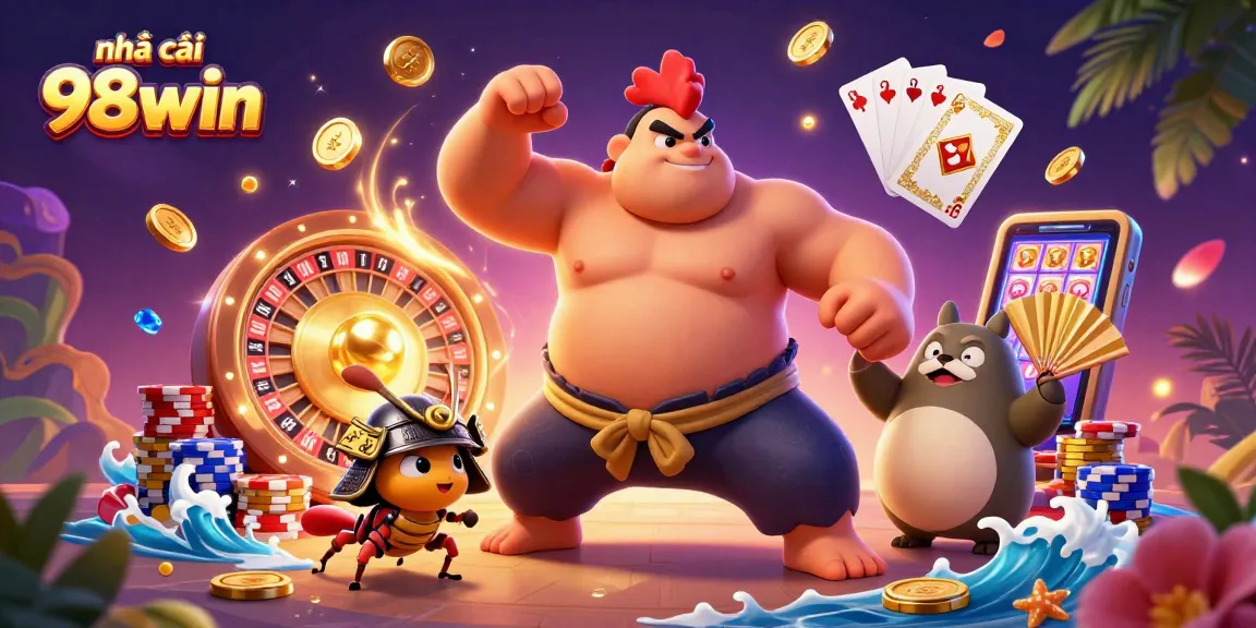 Dynamic illustration of nhà cái 98win featuring a powerful rooster sumo wrestler, cricket samurai, and tanuki announcer.