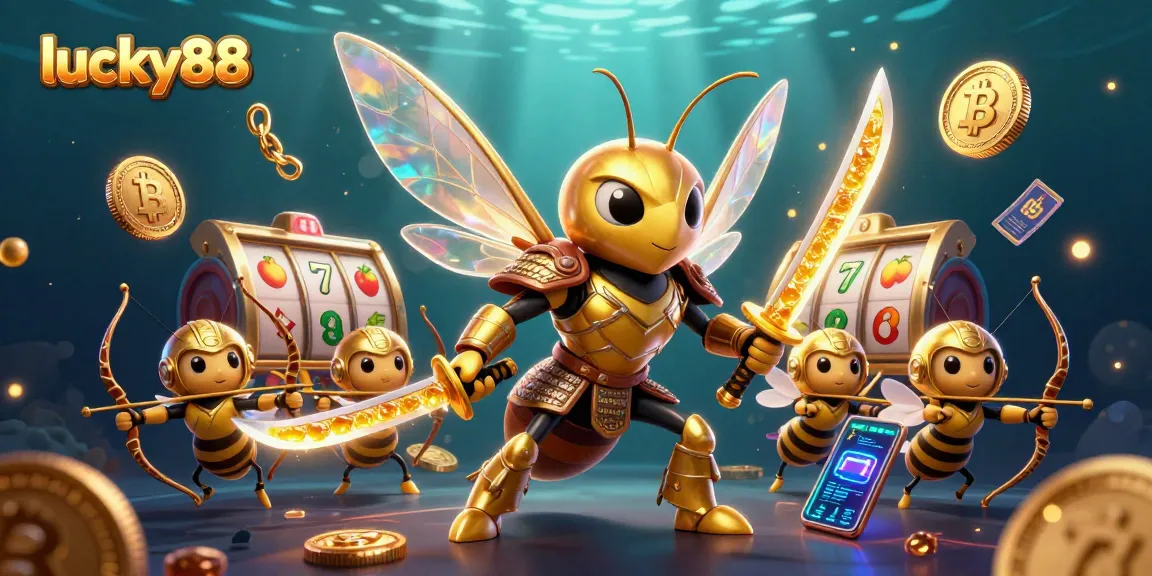 Experience the thrill of lucky88 slots with this vibrant 3D illustration featuring a golden hornet and crypto elements.