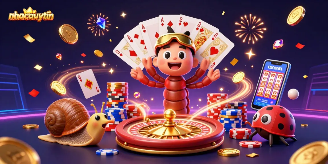 nhacaiuytin features a thrilling casino scene with a millipede dealer and a snail high-roller amidst vibrant gaming elements.