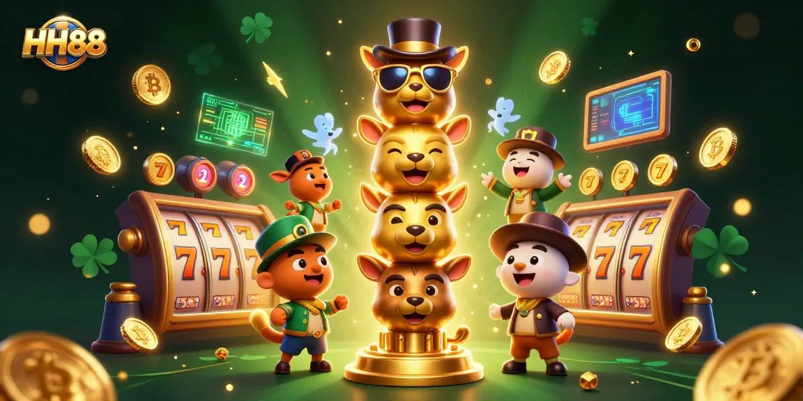 Engage in gaming excitement at HH88 with vibrant slot reels and neon cryptocurrencies!