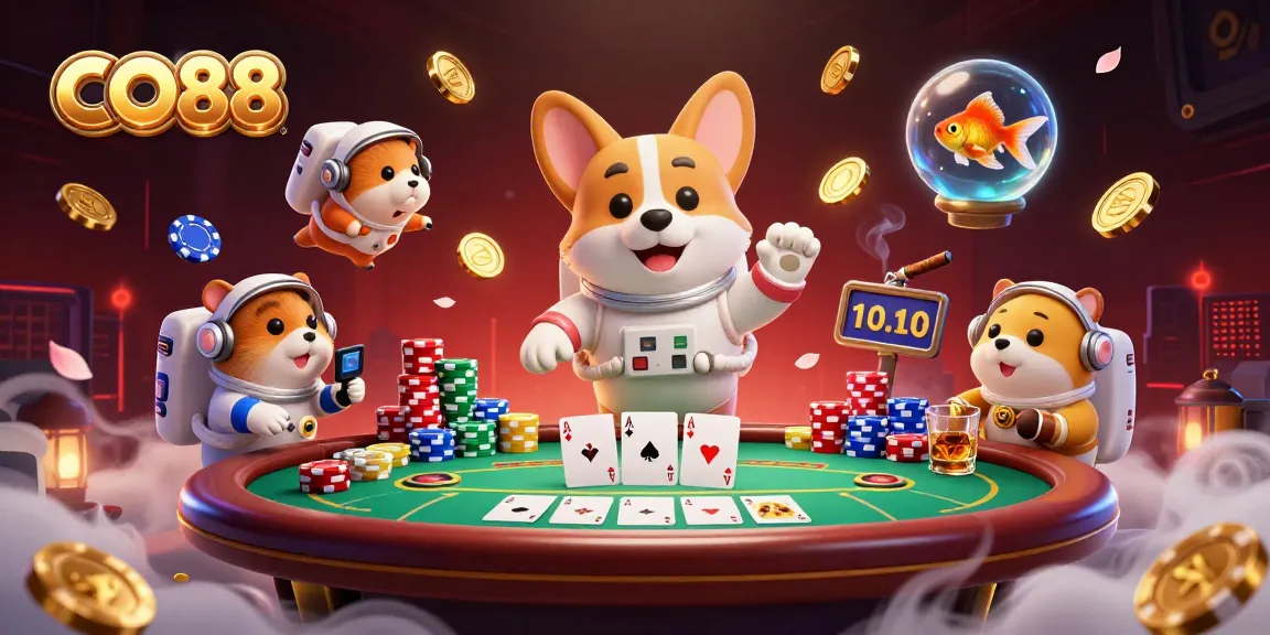 Enjoy thrilling gameplay experiences at CO88, featuring the dynamic floating corgi and cosmic casino atmosphere.