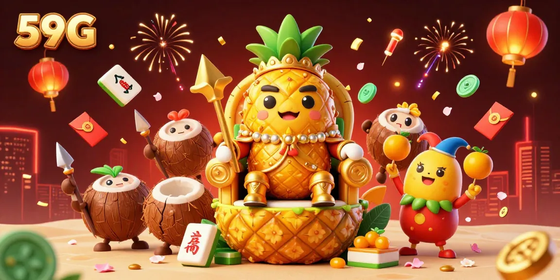 Experience vibrant gameplay at 59G with golden pineapple king and festive casino elements.