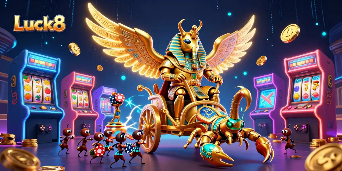 Experience Luck8's thrilling casino gaming with a glorious golden scarab and vibrant slot machines.