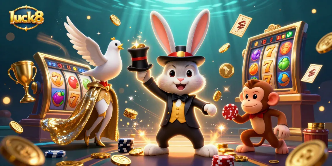 Engage in jackpot excitement at luck8 with a magical rabbit and casino elements.