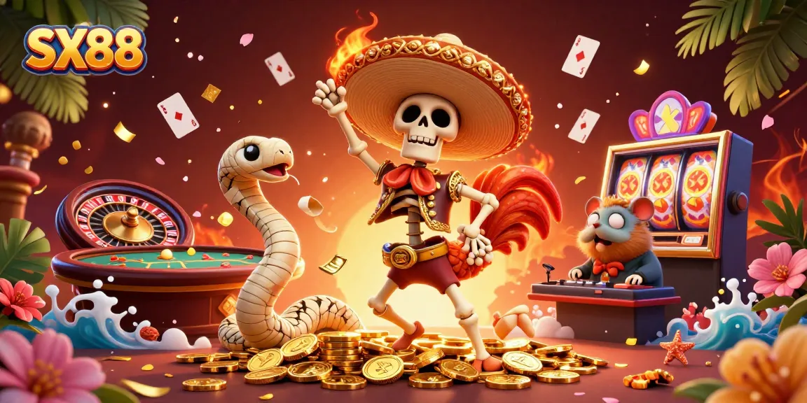 SX88 engages players with a vibrant casino celebration featuring a lively 3D rooster and golden coins.