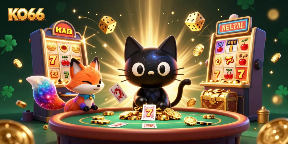 KO66 casino scene featuring a black hole cat and a nebula fox at a dynamic gaming table.