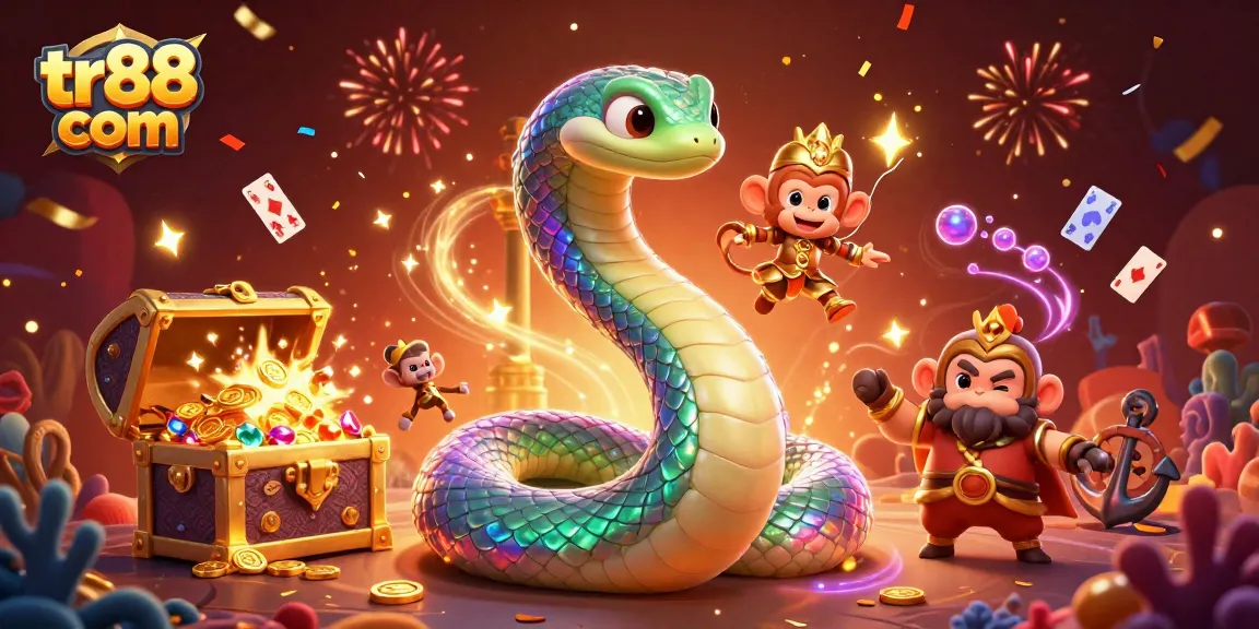 Engage with tr88 com by spinning vibrant slots amidst coiled serpents and playful characters.
