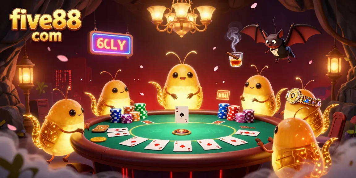 Experience the excitement of five88 com as glowworms illuminate a vibrant casino scene with poker elements.