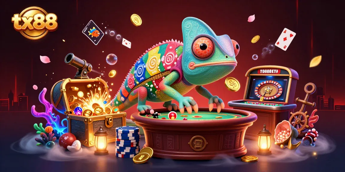 Experience thrilling games at tx88 with a vibrant chameleon casino owner in a rich, dynamic scene.