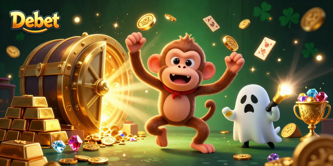 Experience thrilling wins at Debet's haunted casino with golden treasures and playful characters.
