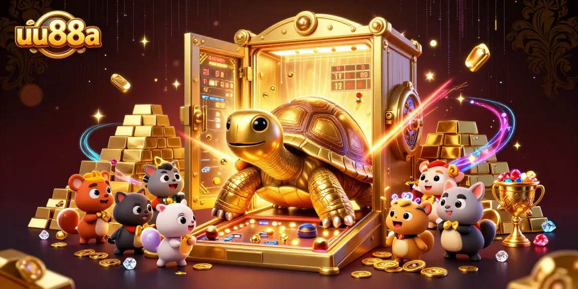 Enjoy thrilling gameplay with uu88a's vibrant casino-themed illustration featuring a golden tortoise and treasures.